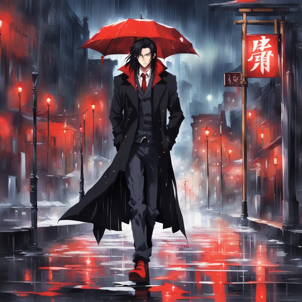 Anime Man Walks in Rain with Long Red Coat