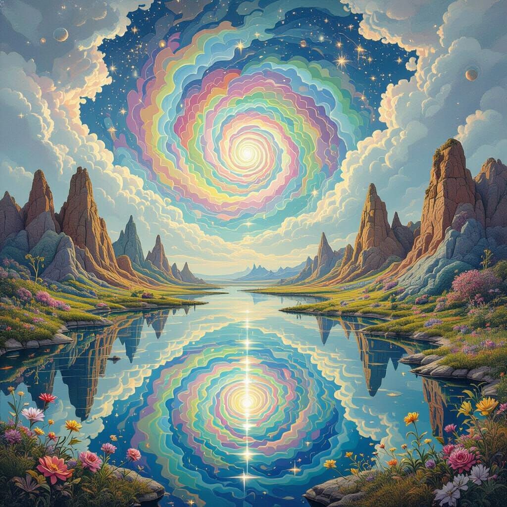 Surreal Dreamscape with Kaleidoscopic Patterns in Pastel Col...