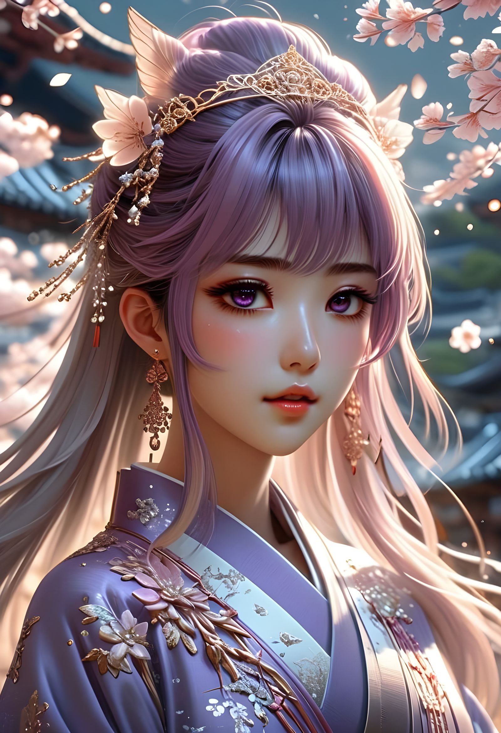 Semi-Realistic Anime Goddess in Regal Purple Kimono