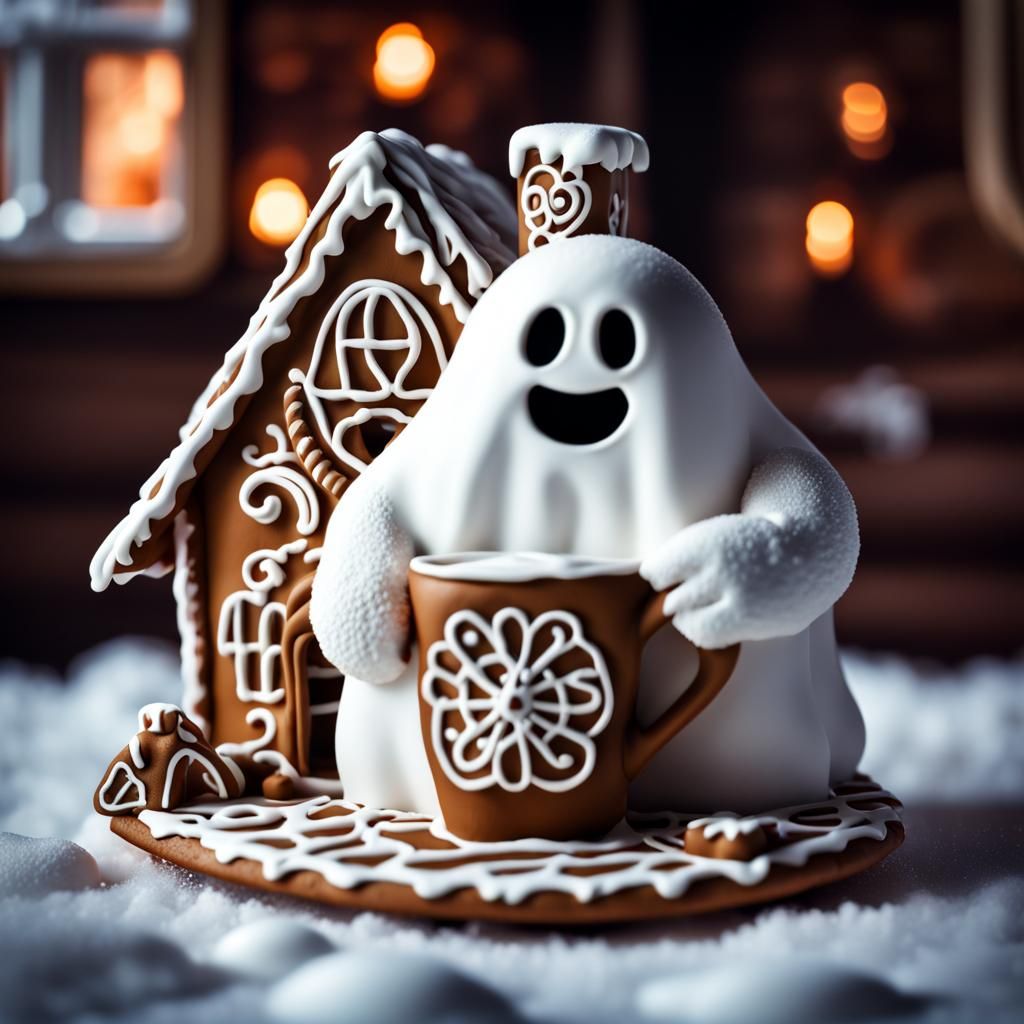 Cozy Ghost Drinks Coffee in Gingerbread House