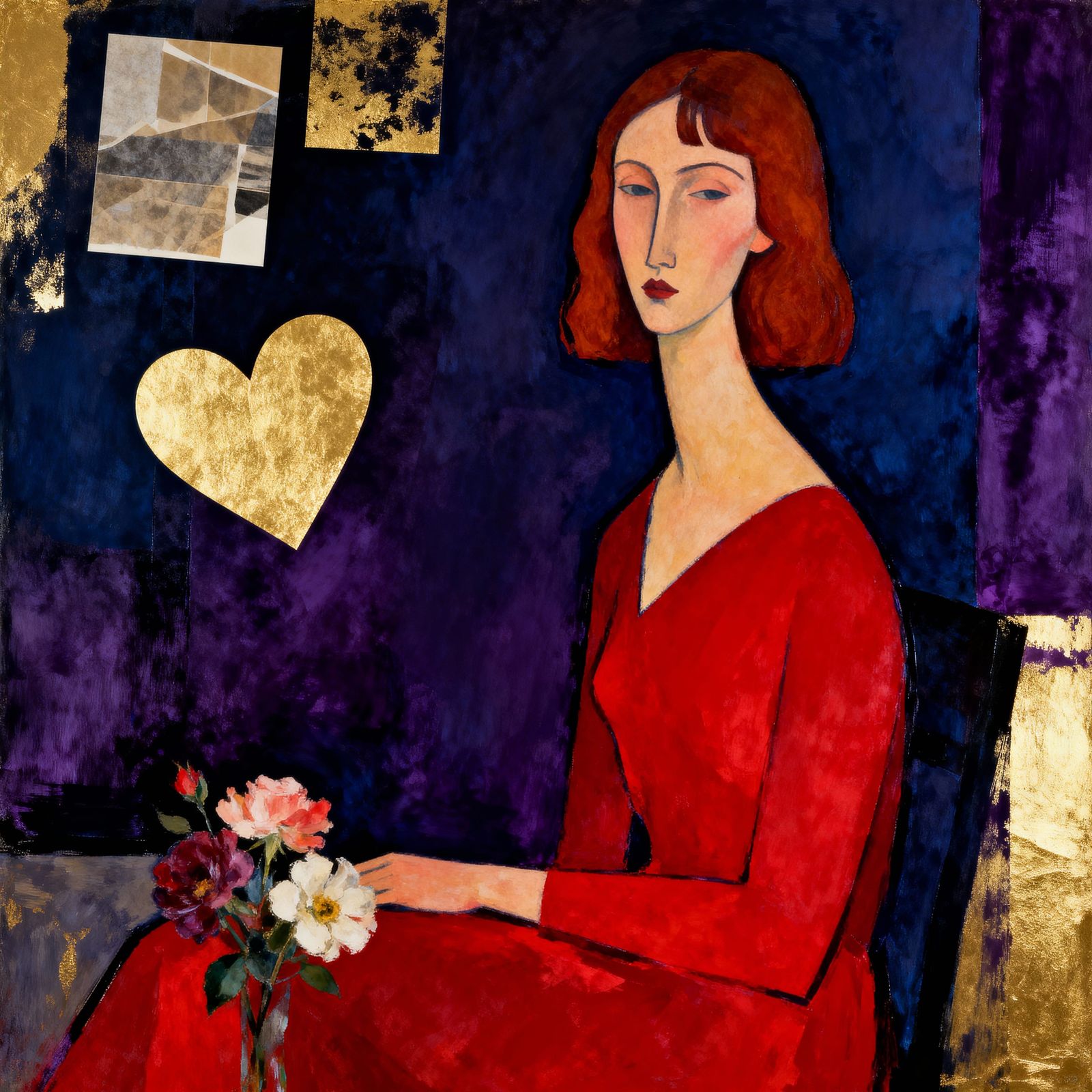 Moody Abstract Woman in Red Dress with Indigo and Gold