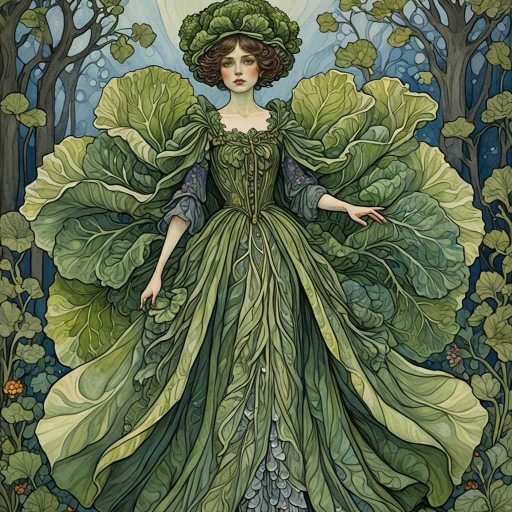 Art Nouveau Fairy in Cabbage Gown, Gouache Style