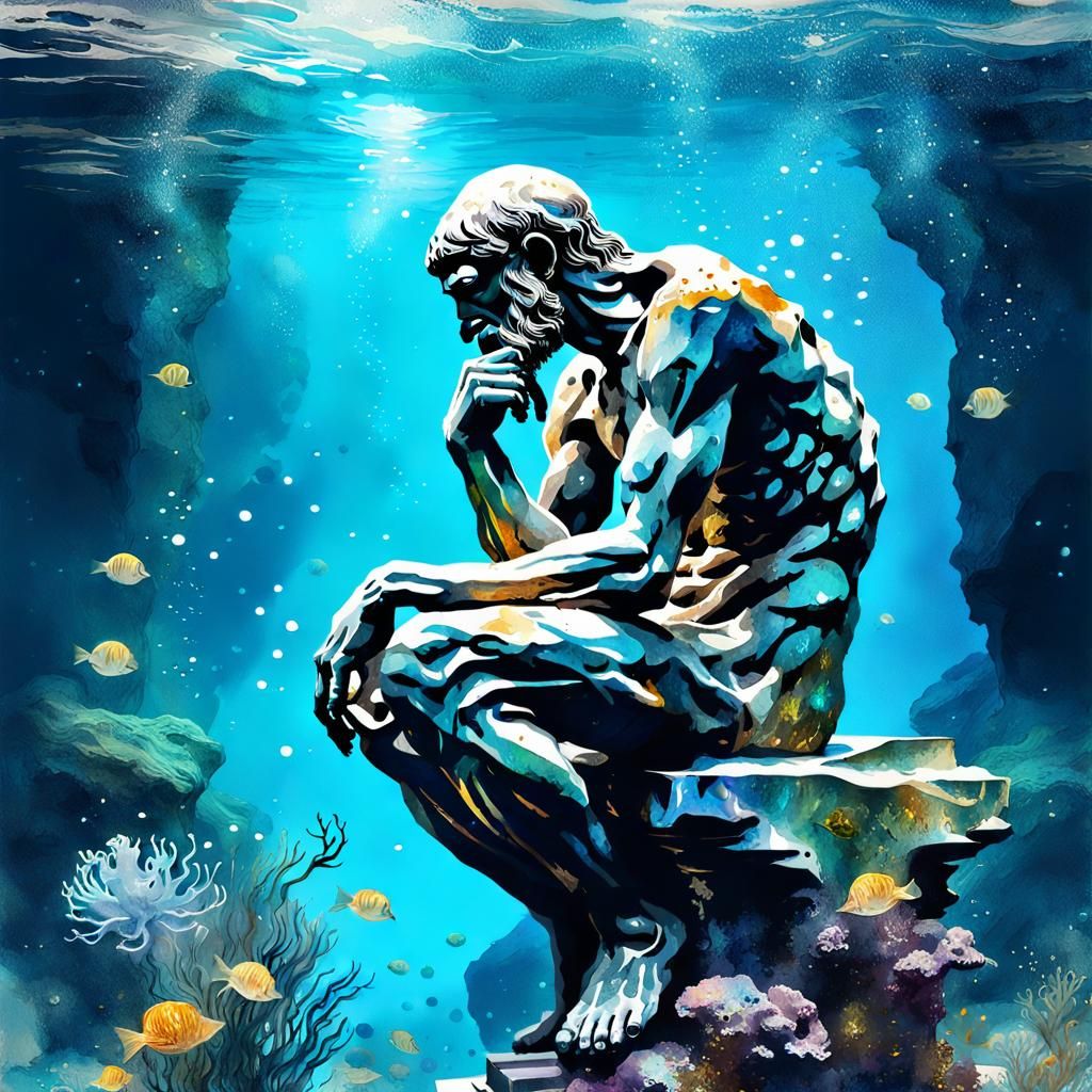 Underwater Thinker Statue in Digital Watercolor