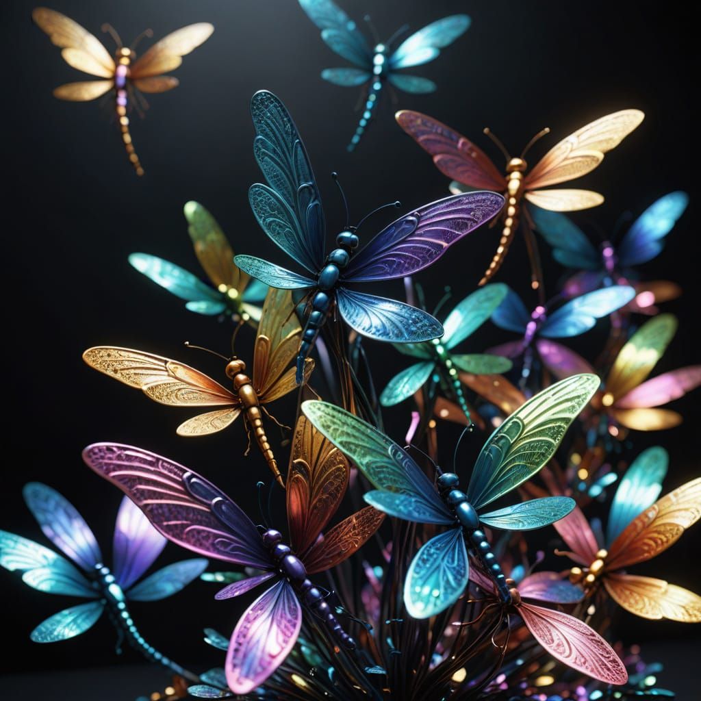 Ethereal Dragonfly Sculpture in Iridescent Abstract Art