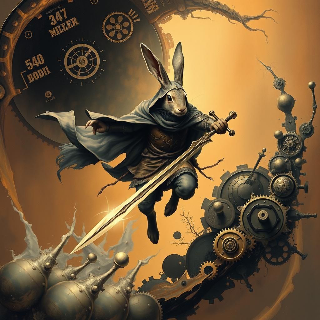 Rabbit Warrior Leaping Through Surreal Vortex