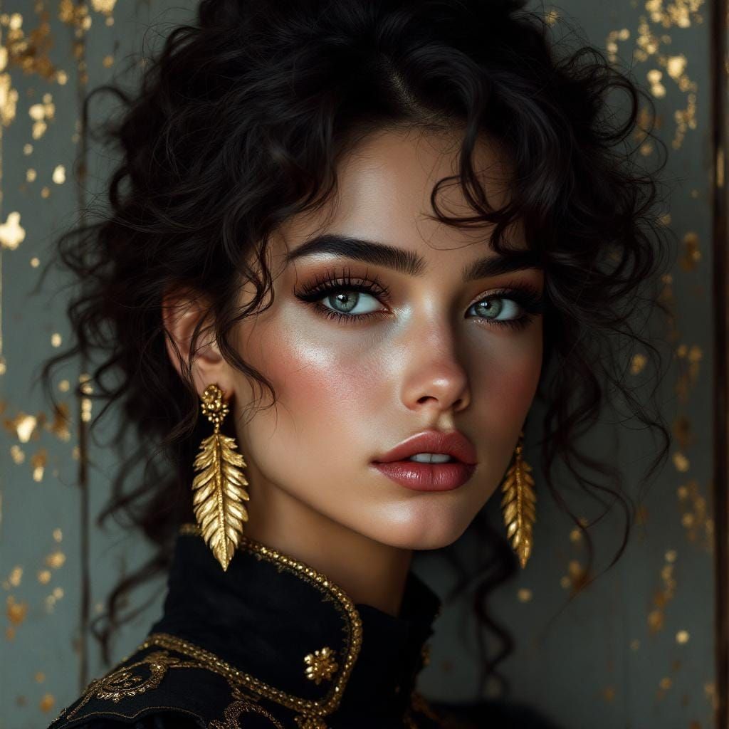 Striking Portrait with Voluminous Hair and Golden Accents