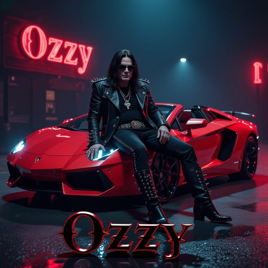 Ozzy Osbourne on Red Lamborghini in Cyberpunk Style