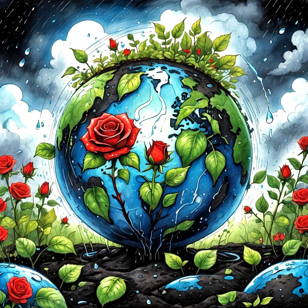 Black Soil Globe with Rose: Fantasy Art