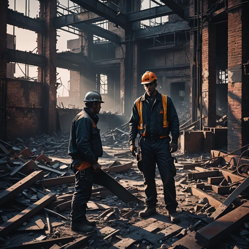 Ominous Construction Worker in Abandoned Cityscape