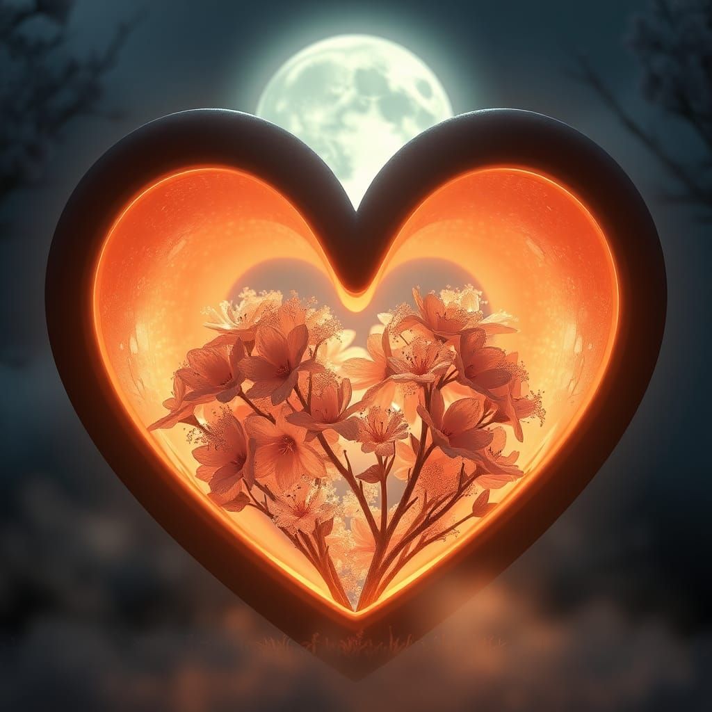 Glowing Heart with Flowers in Dreamy Moonlight