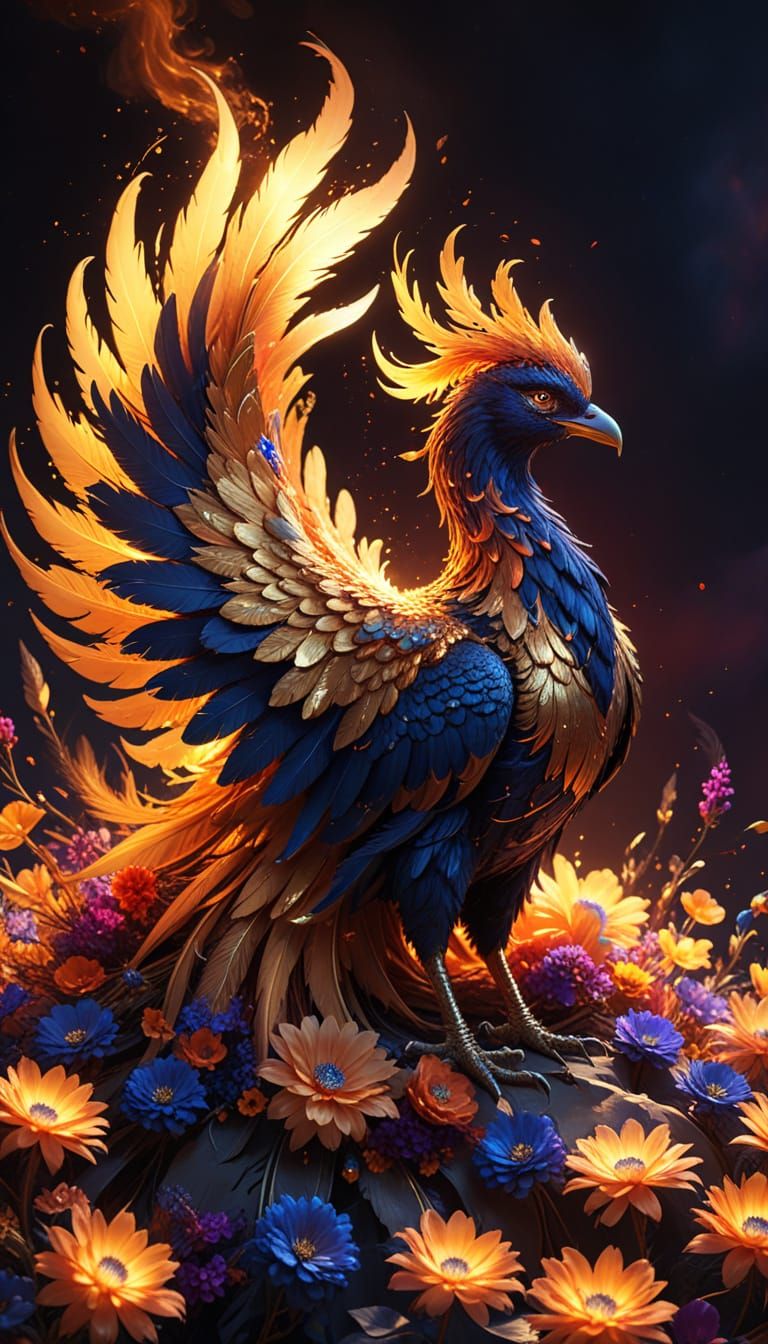 Majestic Phoenix Rises from Luminous Flowers