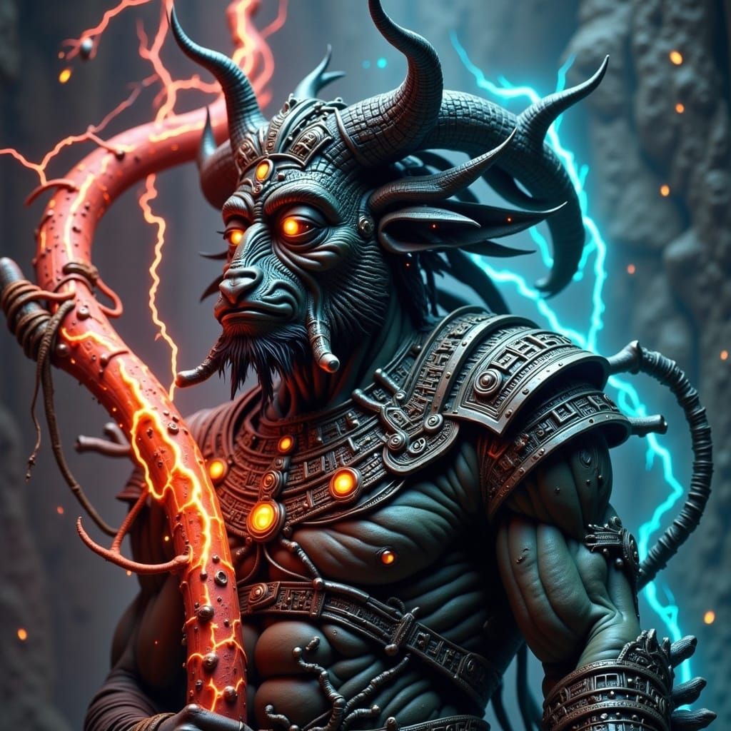 Mutant Mayan King Chaac with Glowing Head Dress and Cybernet...