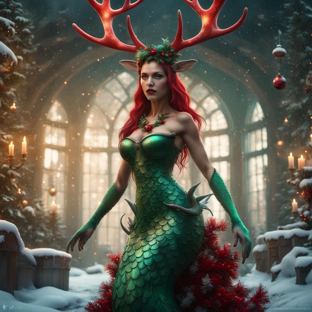 Evil Mermaid Reindeer with Wings and Horns