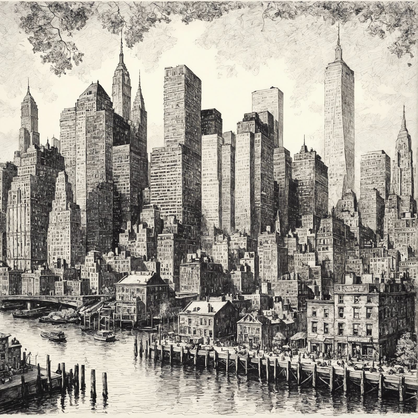 Detailed Pen and Ink Drawing of New York City