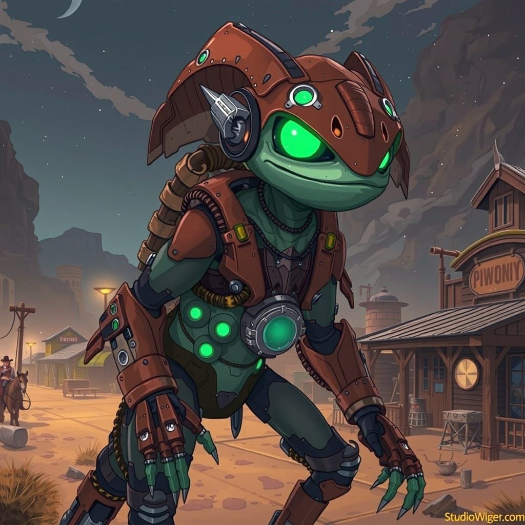Cyberpunk Chameleon Cyborg in Western Town