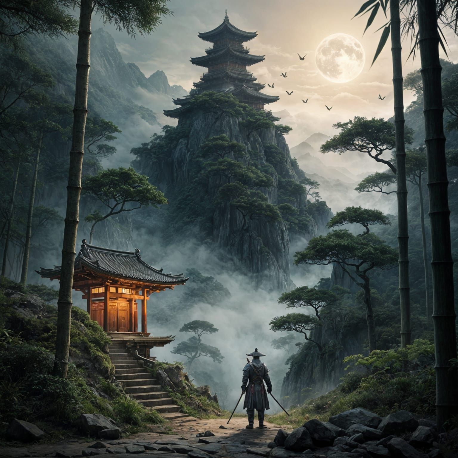 Epic Samurai in Misty Bamboo Forest, Traditional Japanese Ar...