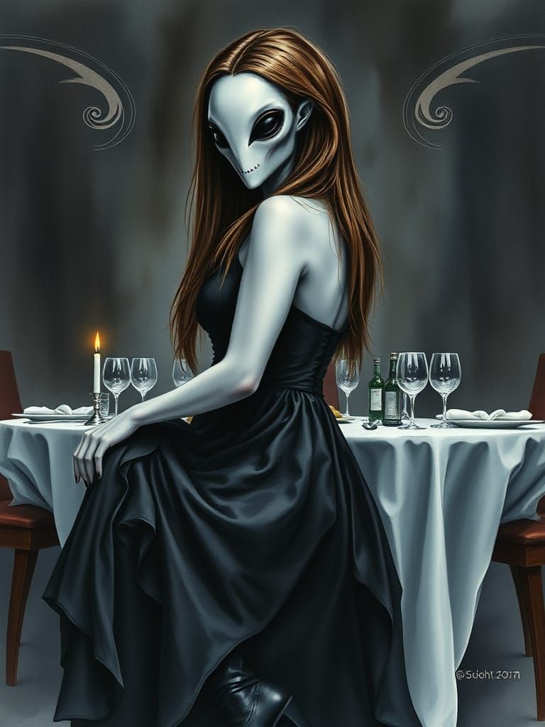 Mysterious Alien Woman in a Haunting Dining Room Scene