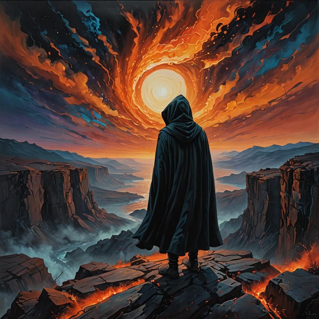 Hooded Figure Overlooking Void in Surreal Oil Painting