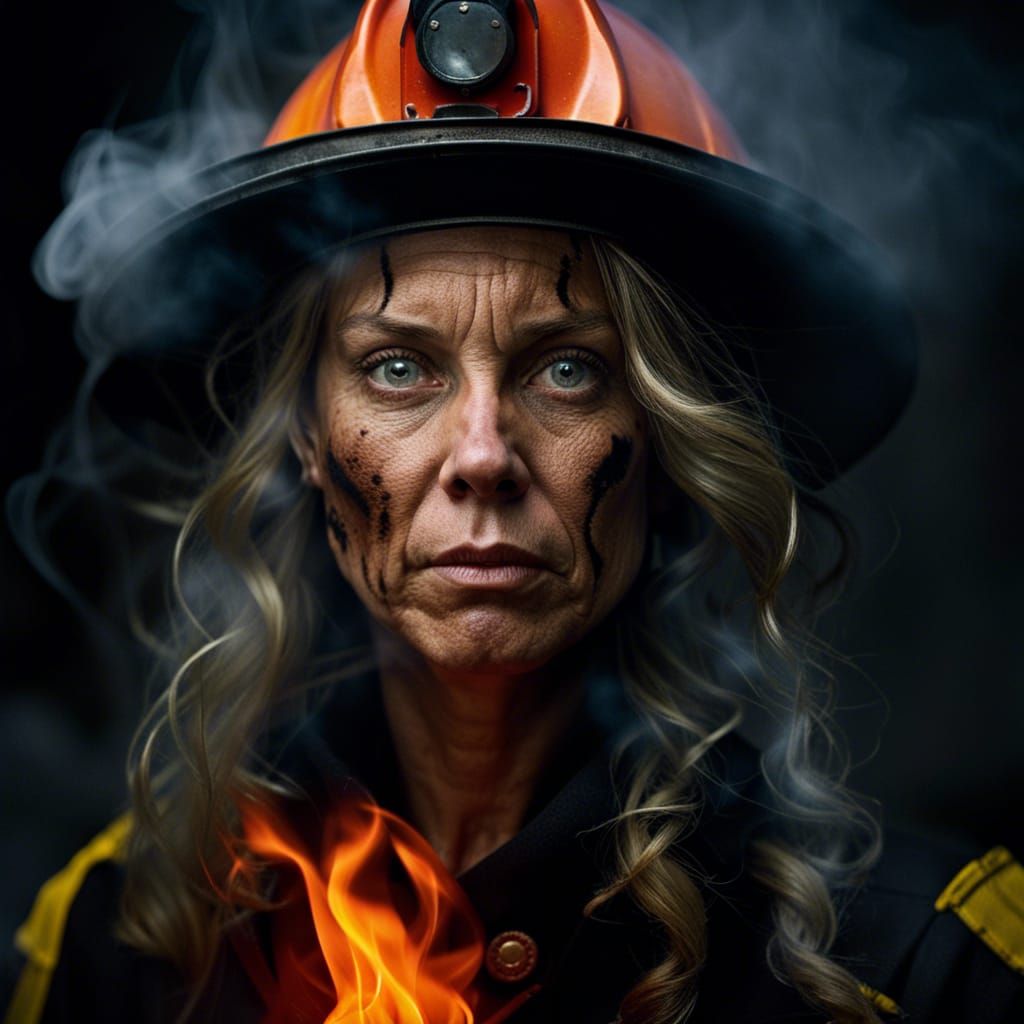 Creepy Witch Firefighter Portrait in Flames