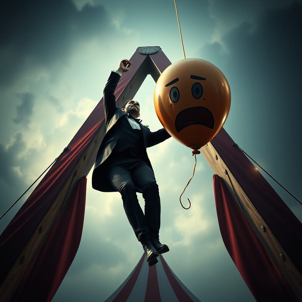 Man in Circus Tuxedo Sways Amidst Dramatic A-Frame Landscape