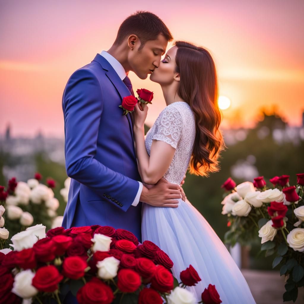 Romantic Couple Kissing at Sunset with Roses
