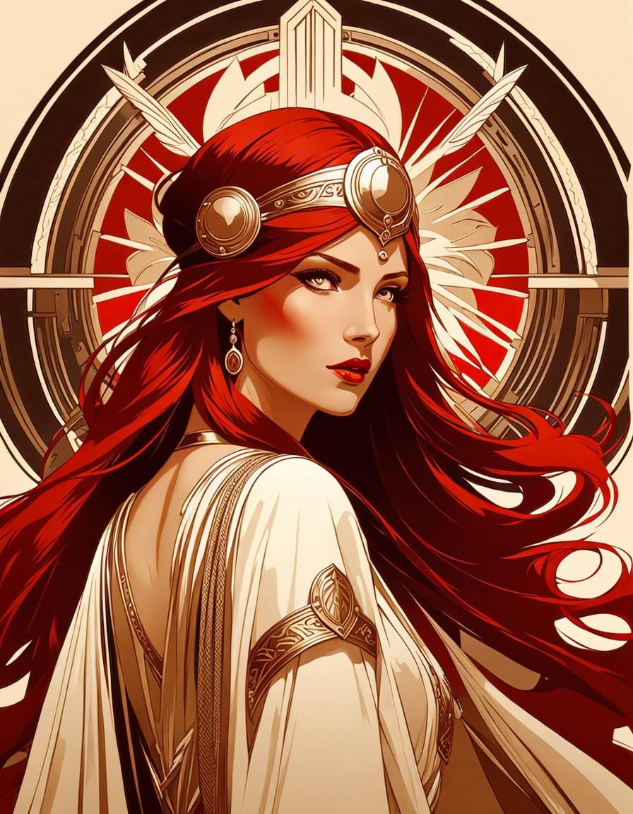 Art Deco Warrior Woman with Red Hair