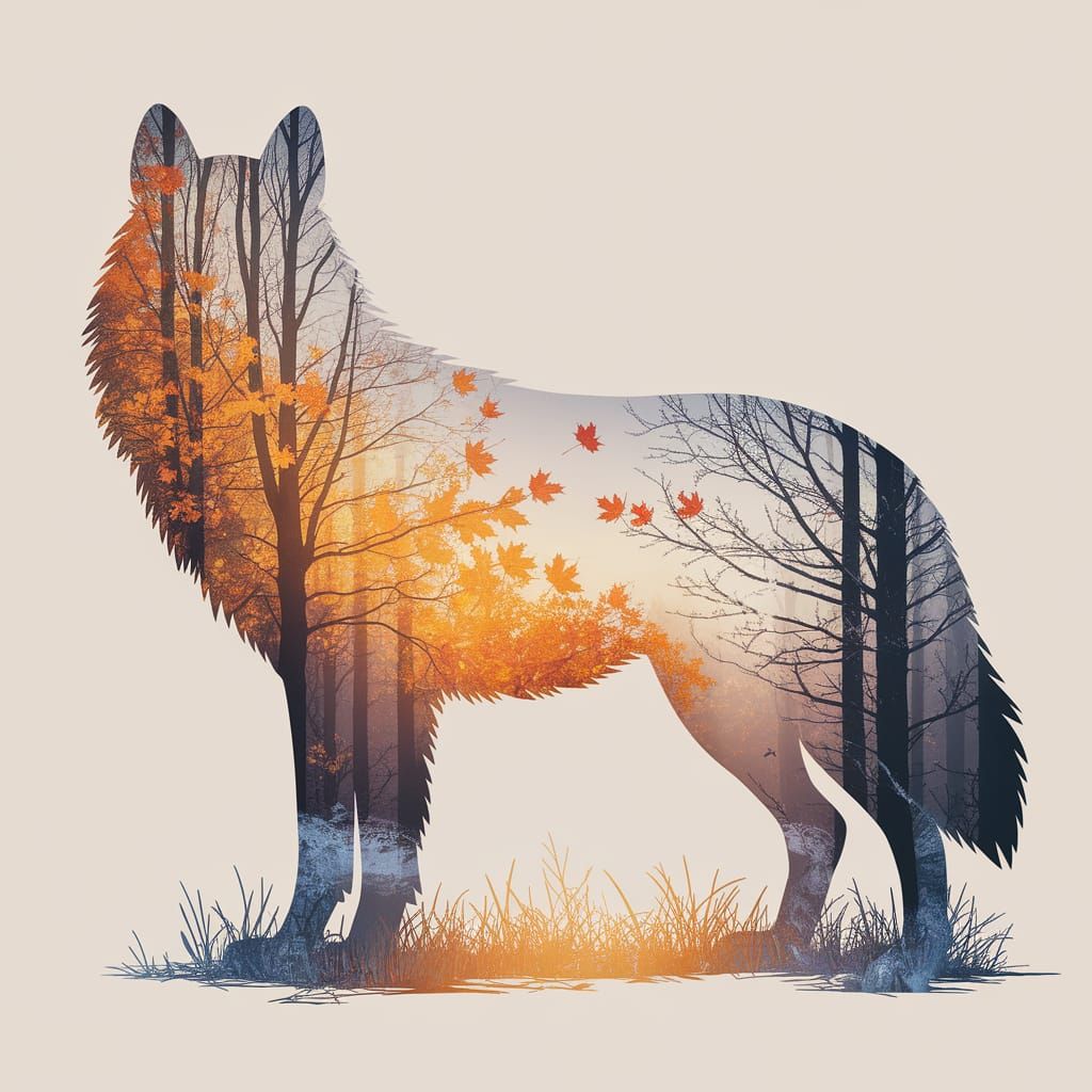 Surreal Wolf Silhouette Blends with Autumn Forest in Double ...