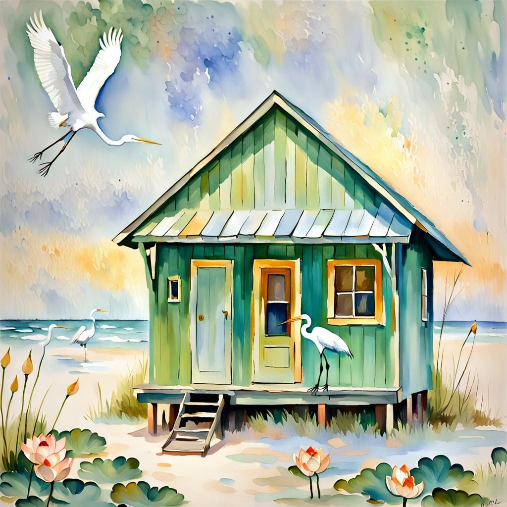 A painting of a faded light green  shack on the deserted beach, with a Great American Egret beside the shack. decorated ...