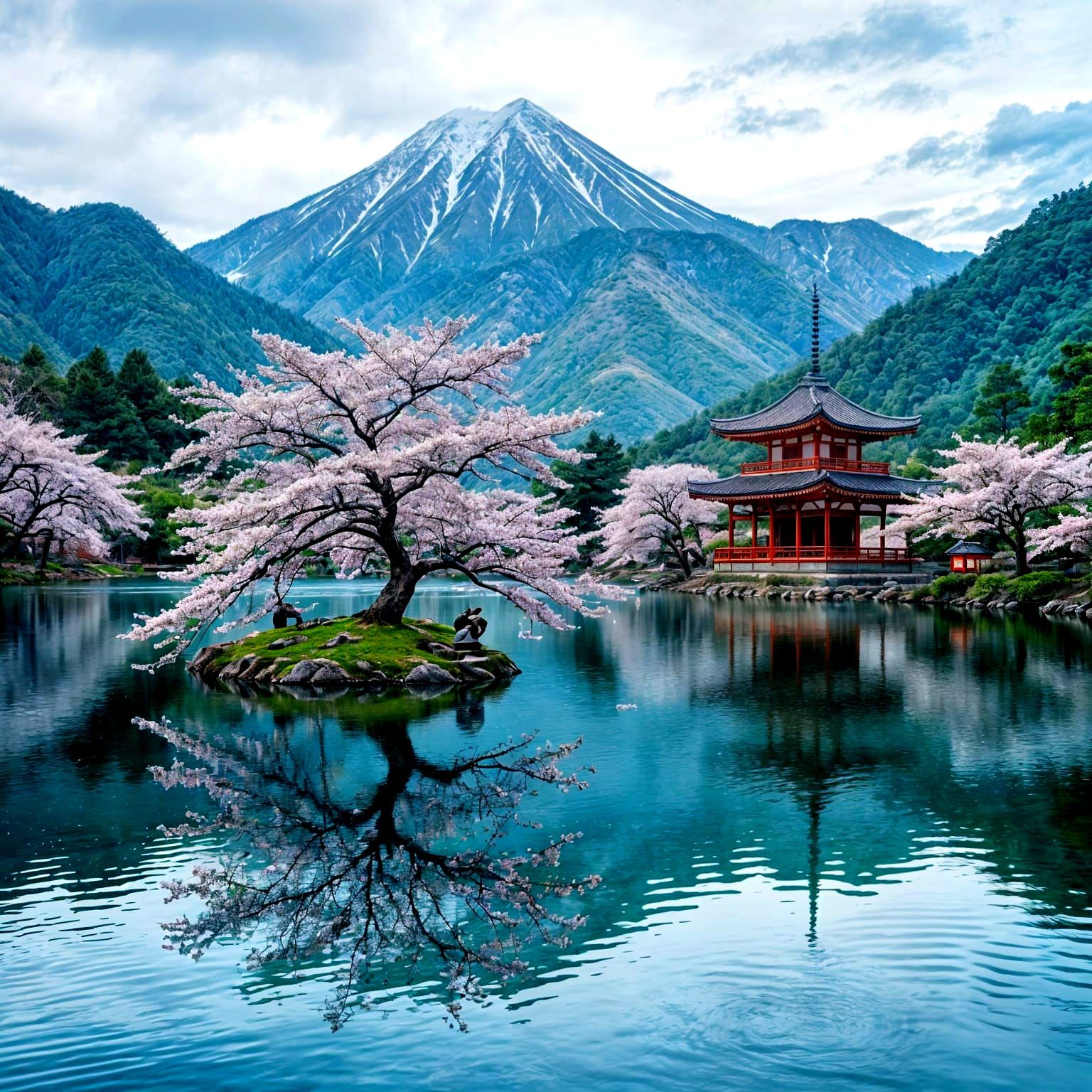 Ancient Sakura Tree Near Lake, Wildlife Photography