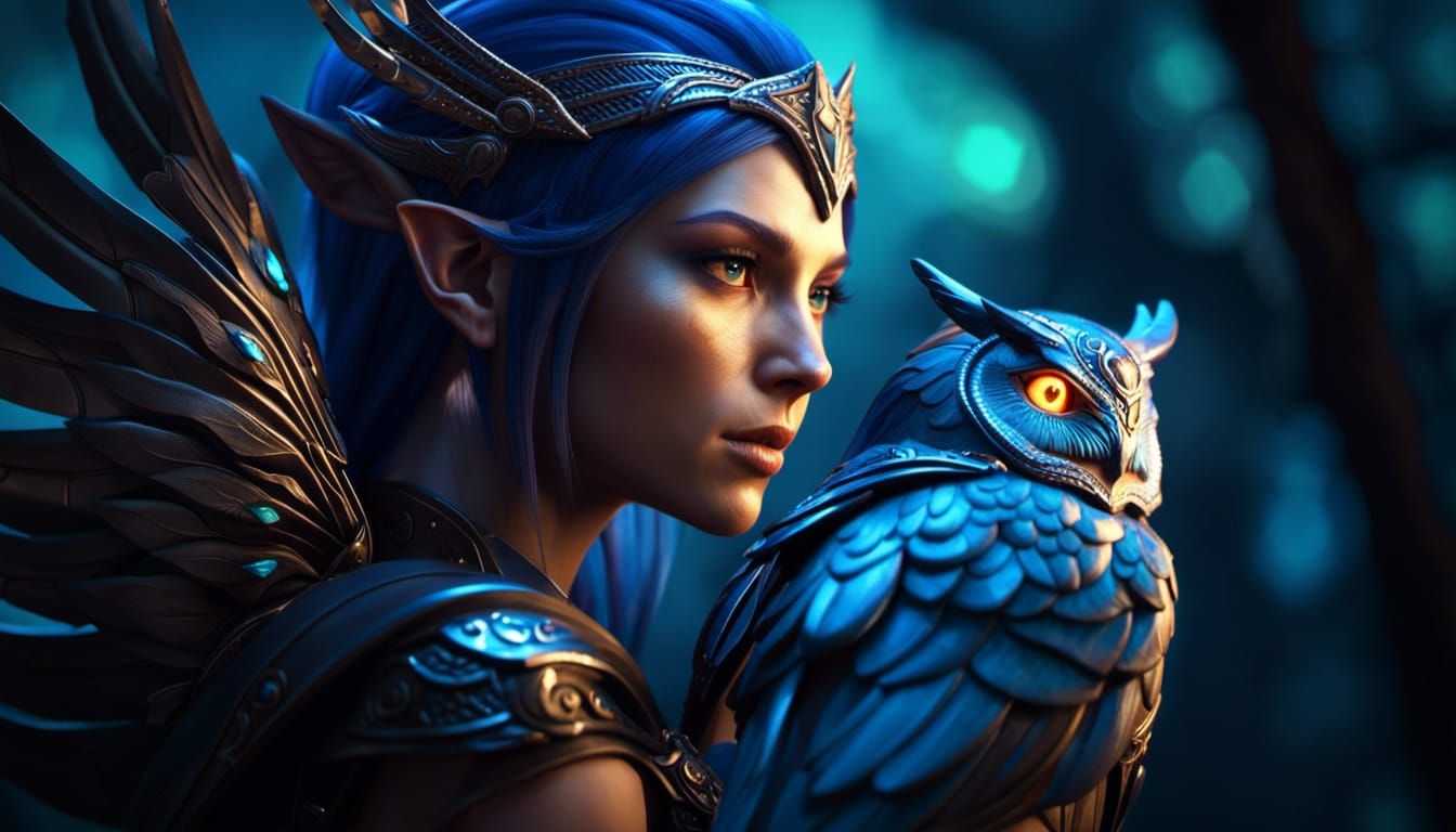 Night elf female warrior with glowing owl on her shoulder in elvish realm v.2 SDXL 1.0