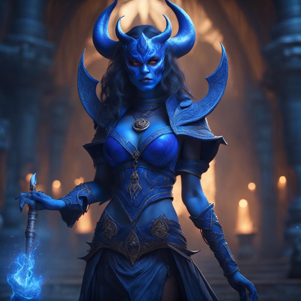 Blue Demon Sorceress in Detailed Matte Painting