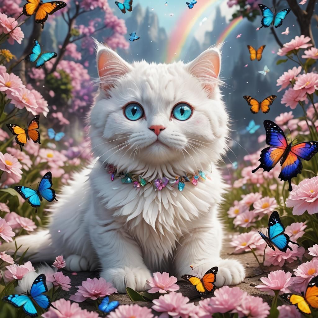 adorable cat with very white crystal eyes, nose touching butterfly, white fluffy cat, pinkish tan nose, cute kawaii flu...
