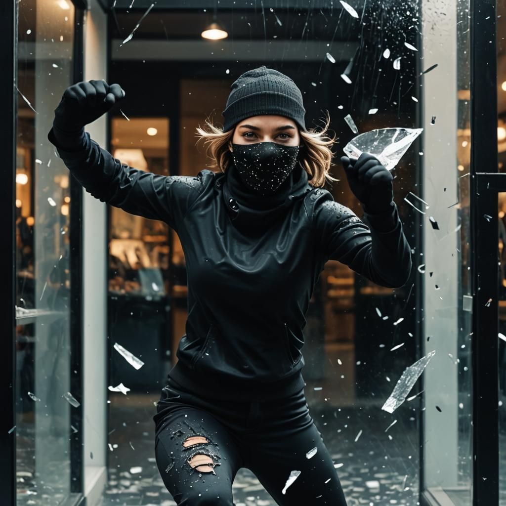 Elegant Burglar Jumps Through Window in Action Scene