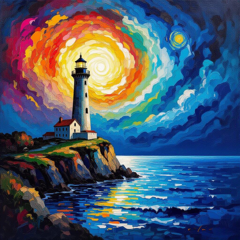 Ancient Lighthouse Beams Through Dreamlike Nebula