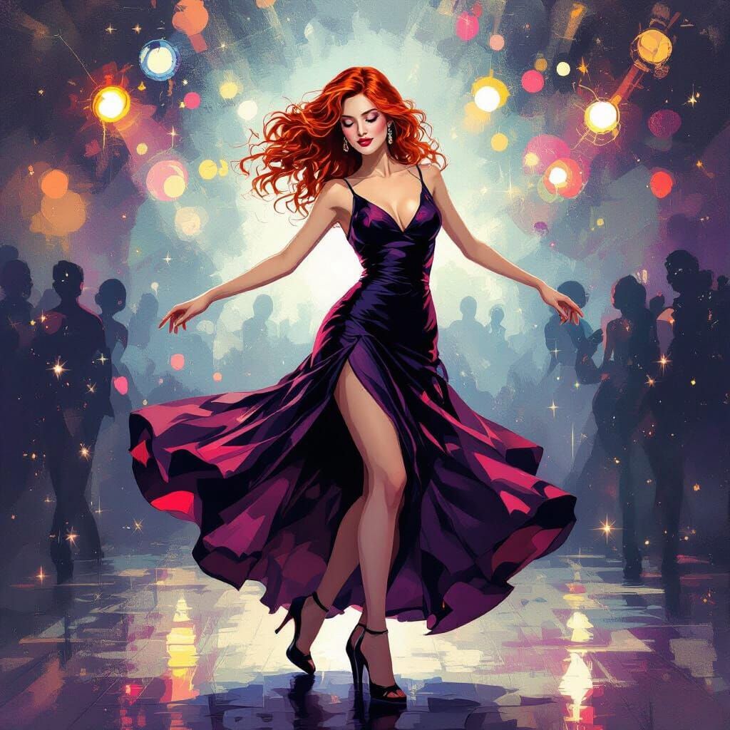 Redhead Dancer in Vibrant Club, Expressionist Style
