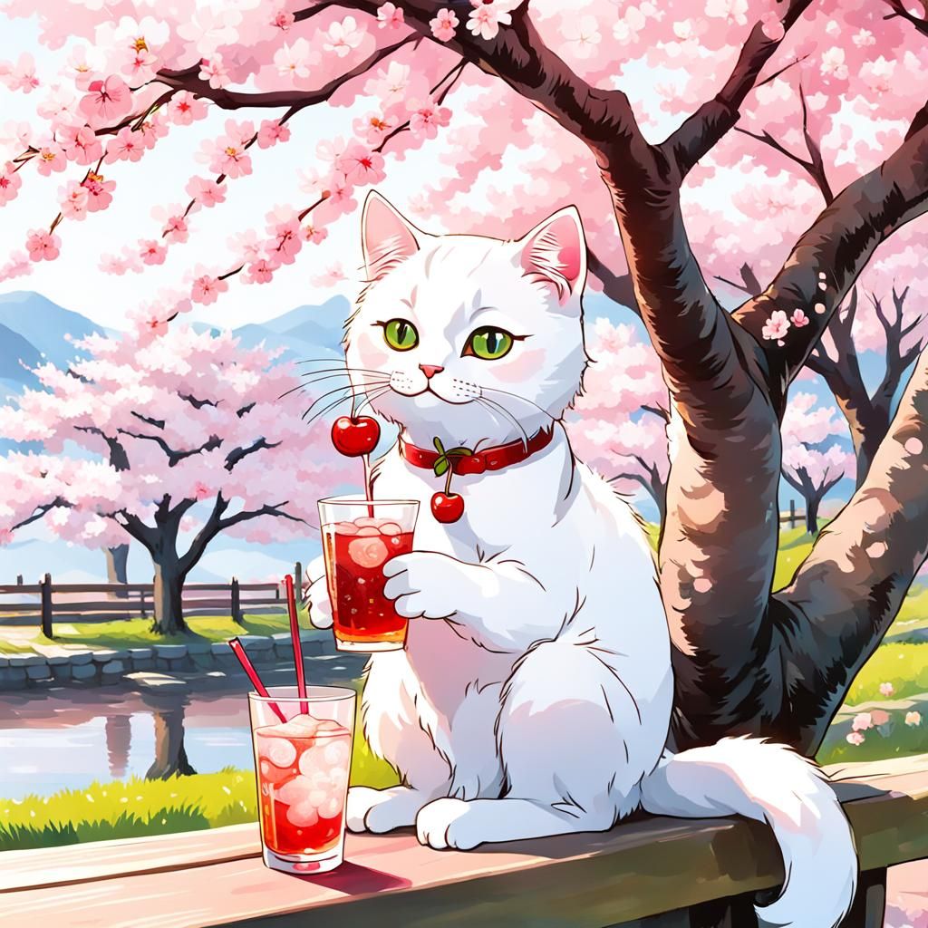 White Cat Relaxing Under Cherry Blossoms