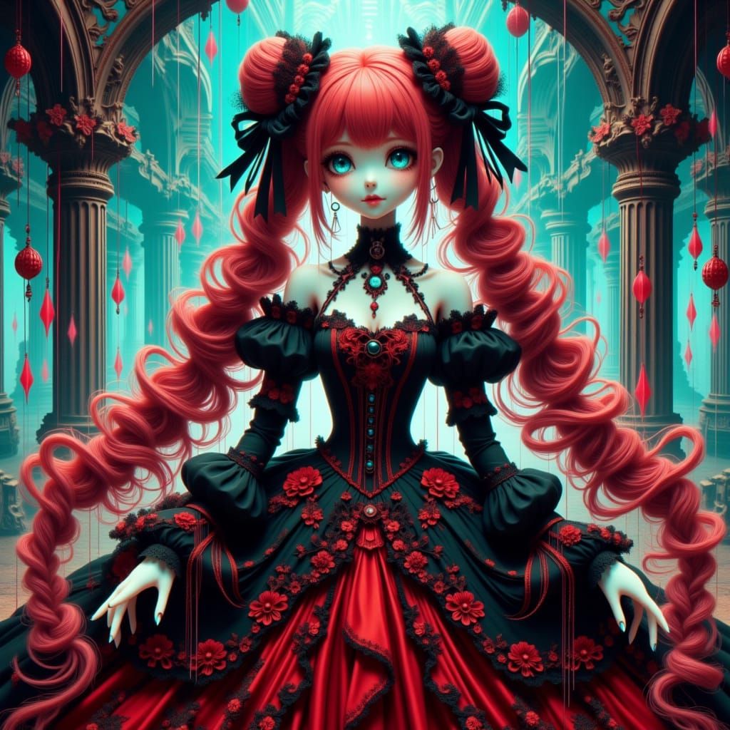 Anime Doll Woman in Opulent Gown with Neon Overlays