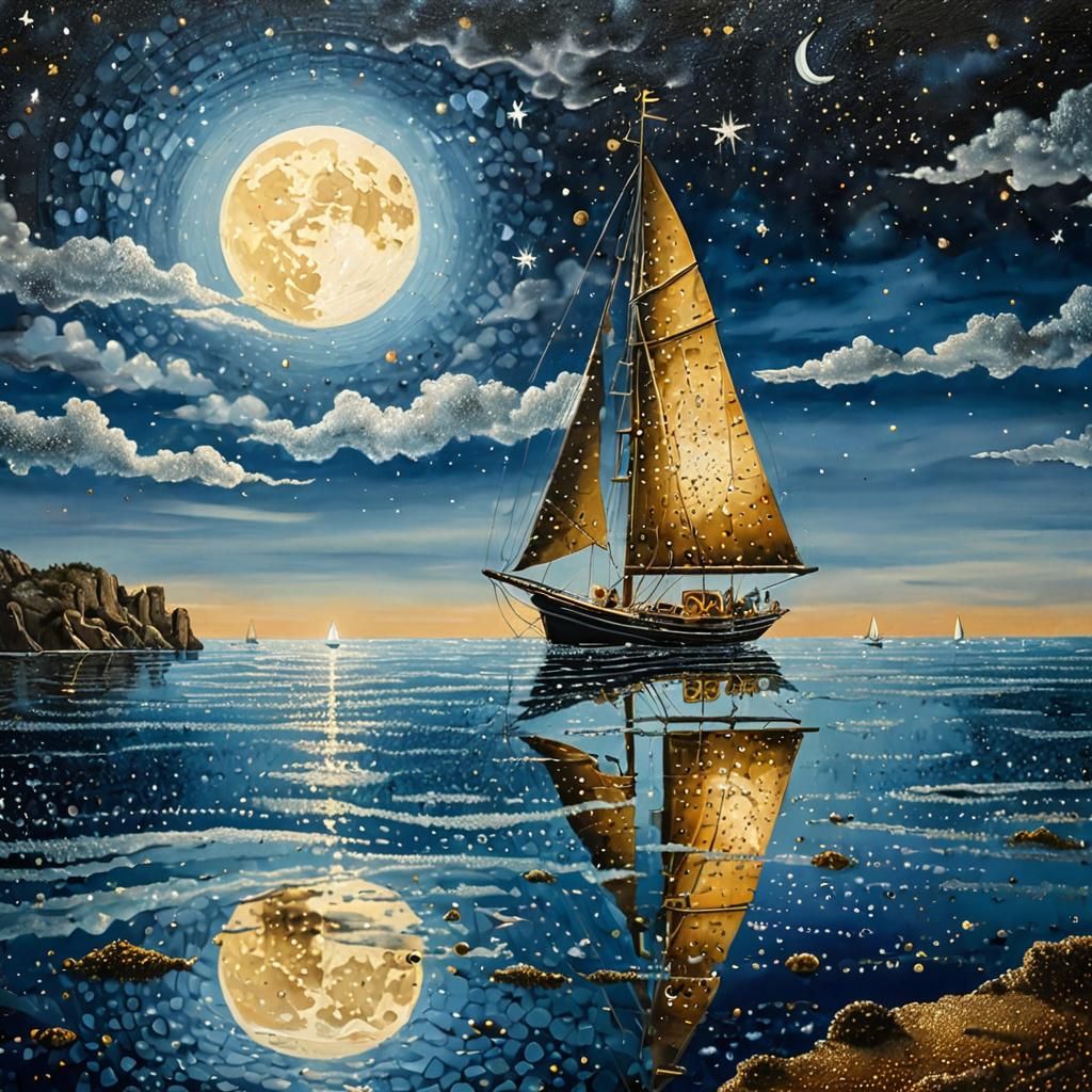 Pointillist Ocean Scene with Sailboat and Moon