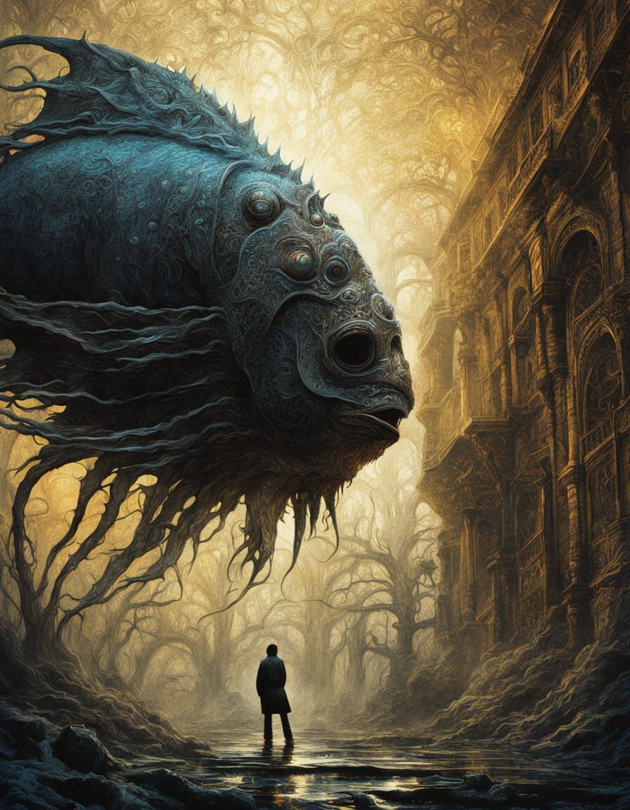 Gothic Surrealist Pub Scene: Disheveled Fish in Vibrant Cont...