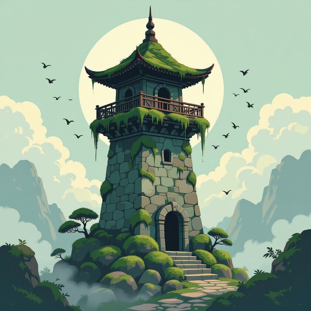 Ancient Mossy Druid Tower in Japanese Ink Style