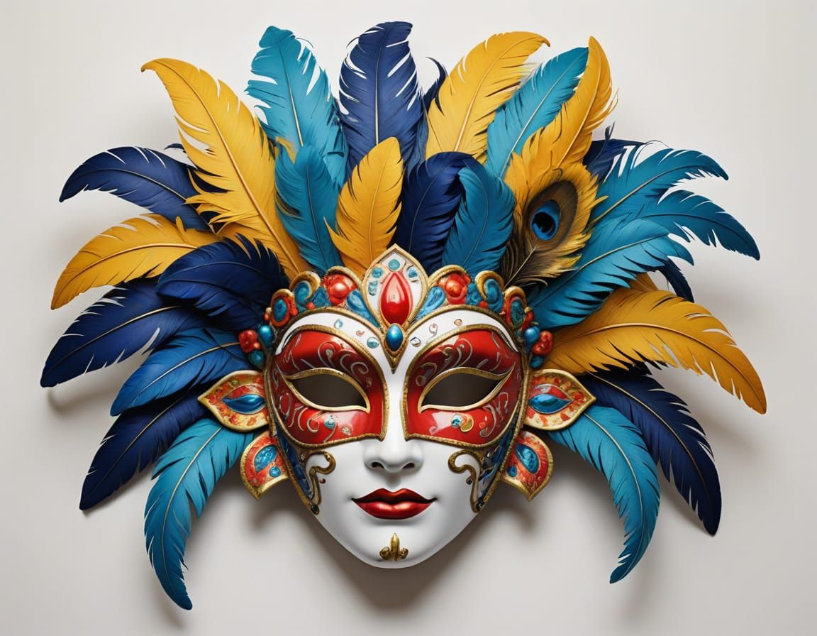 Vibrant Venetian Carnival Mask in Ceramic with Feathered Det...