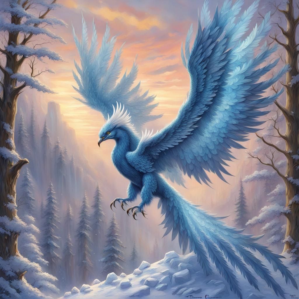 Majestic Blue Ice Phoenix in a Kinkade Style