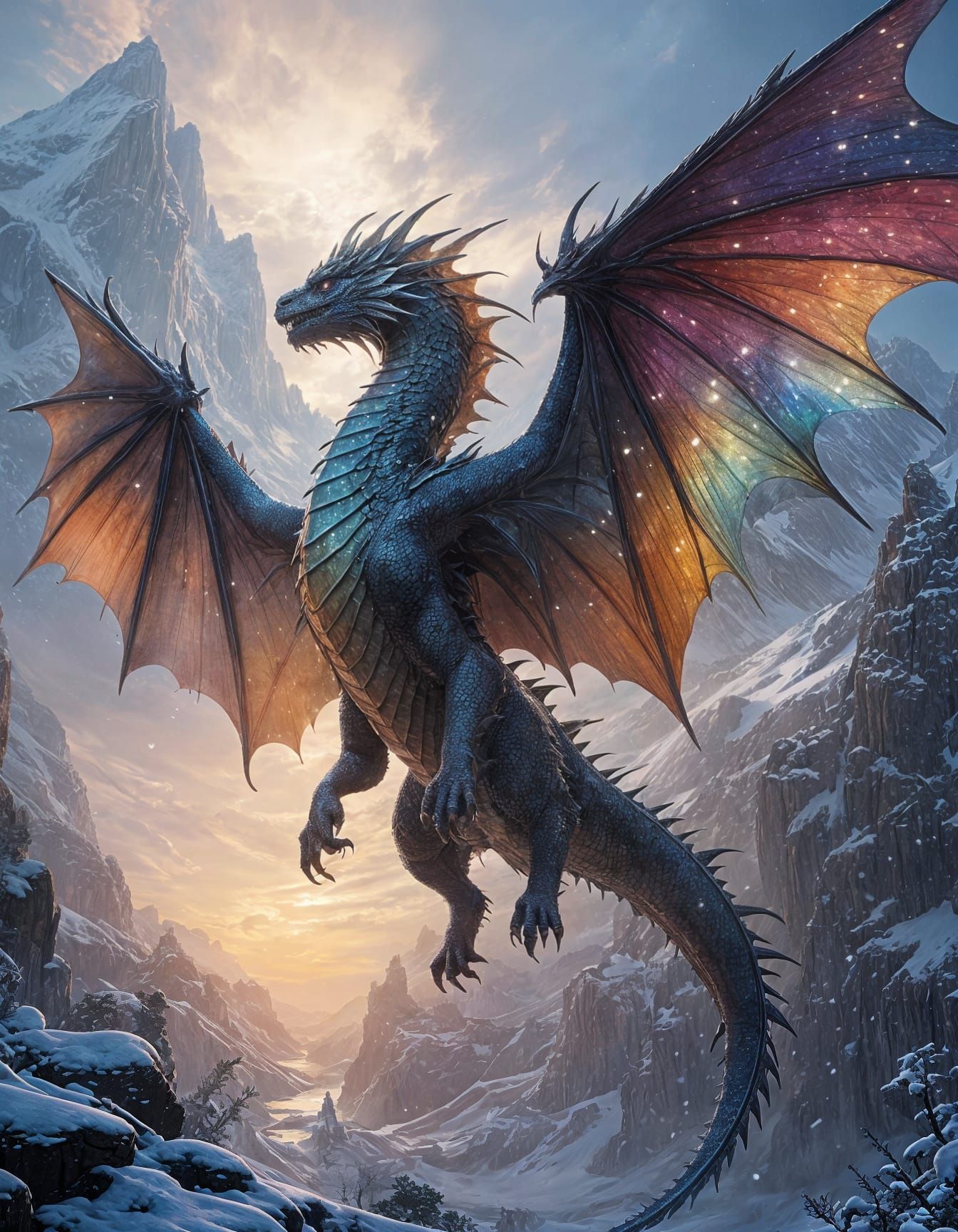 Epic Iridescent Dragon soars in Winter Wonderland
