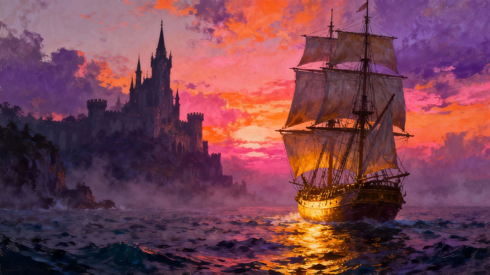 Tall Ship Sails to Mysterious Castle at Vibrant Sunset