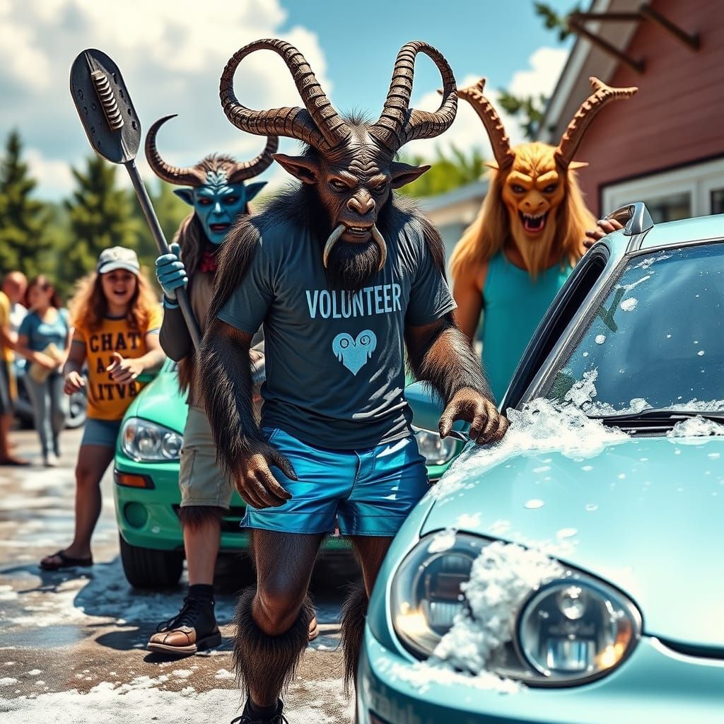 Krampus Car Wash Charity Event in Digital Art Style