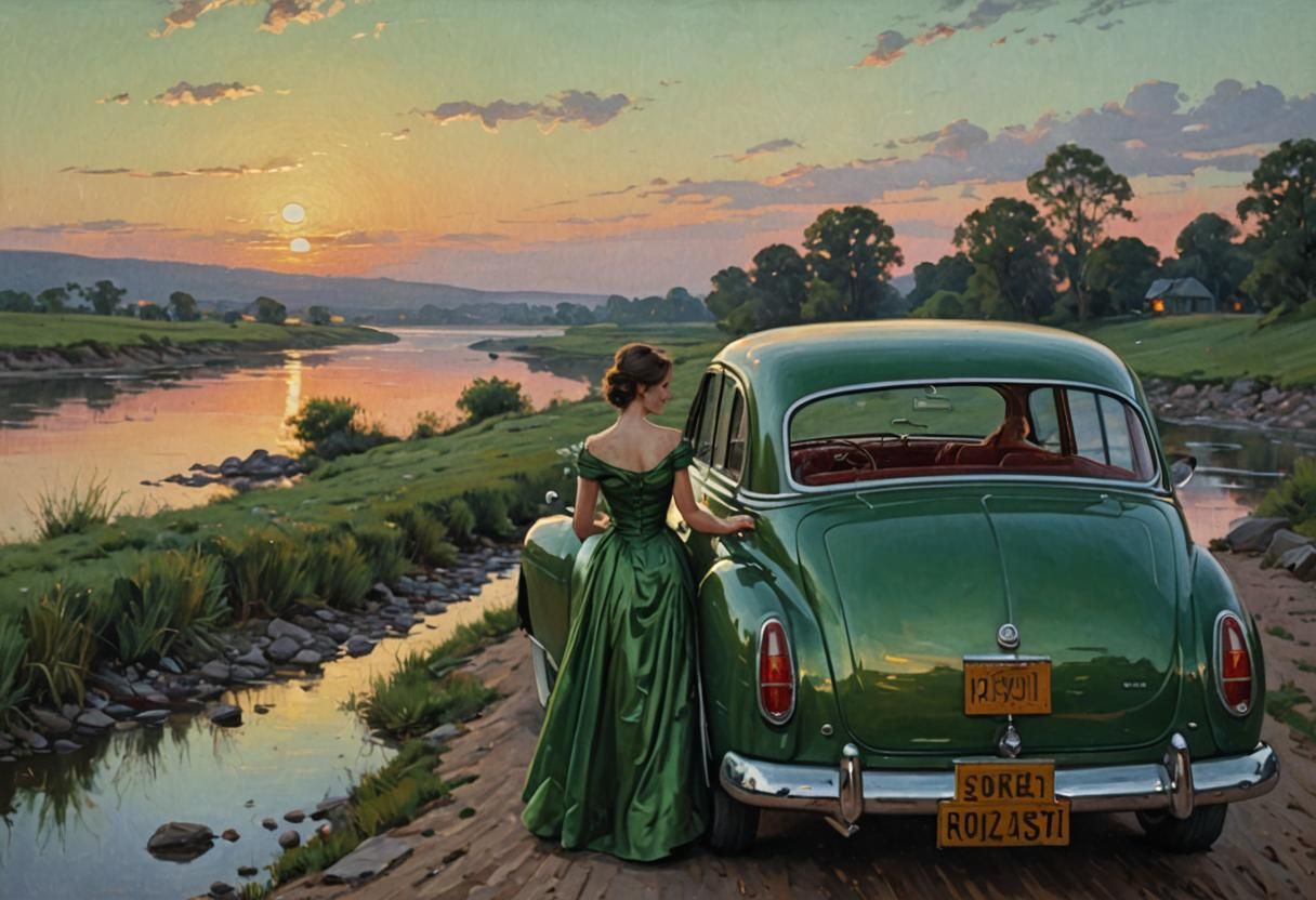 Girl in Green Dress, Red Car, Sunset Oil Painting