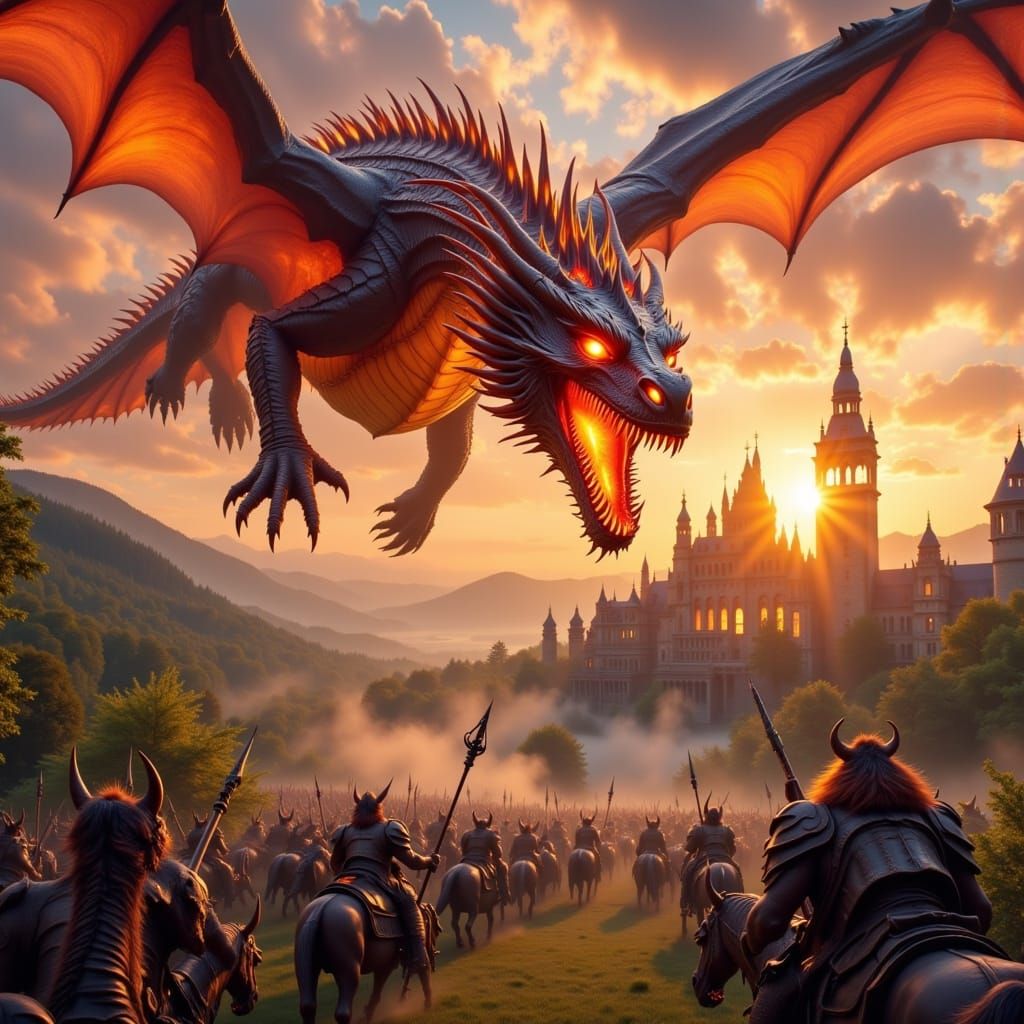 Fire Dragon Over Castle With Attacking Troll Army