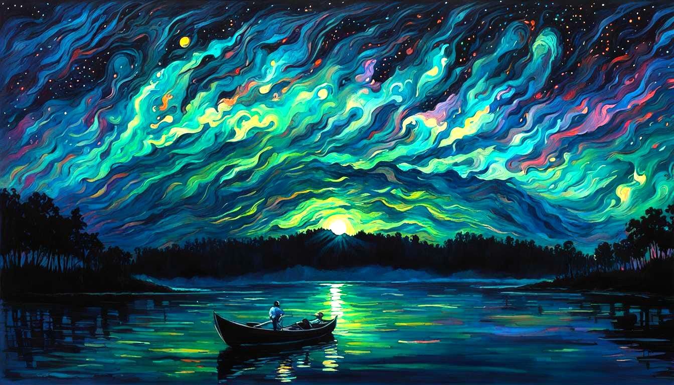 Ethereal Celestial Dreamscape Over Turbulent Waters