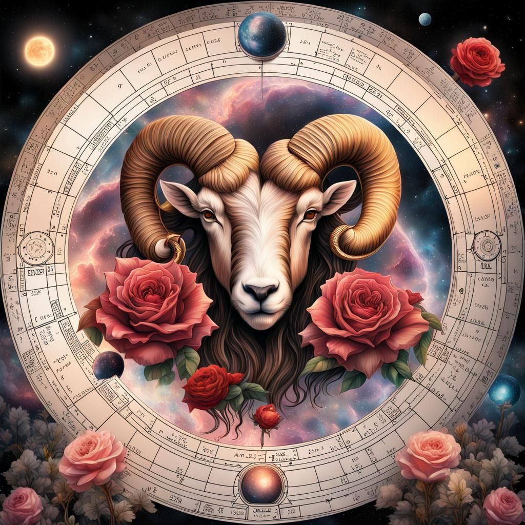 Cosmic Astrological Landscape with Rose and Aries Ram