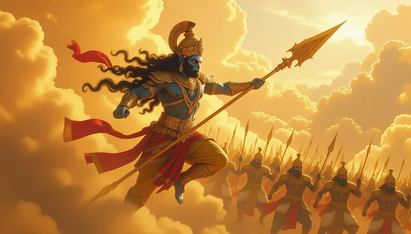 Hanuman Soaring Through Golden Clouds in Matte Painting Styl...